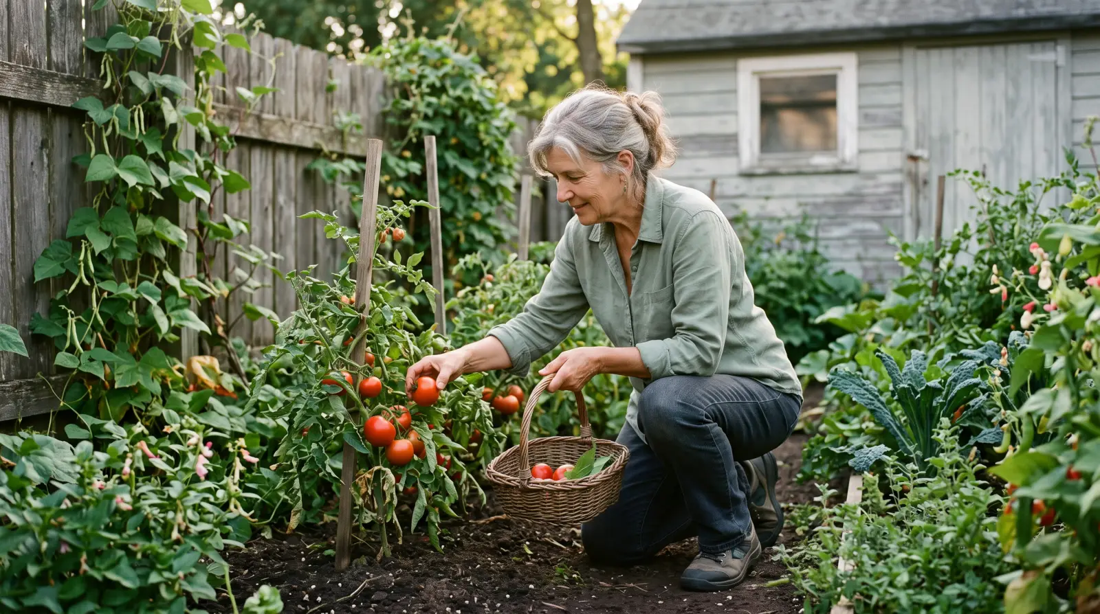 A woman in her early seventies picking tomatoes in a backyard vegetable garden.