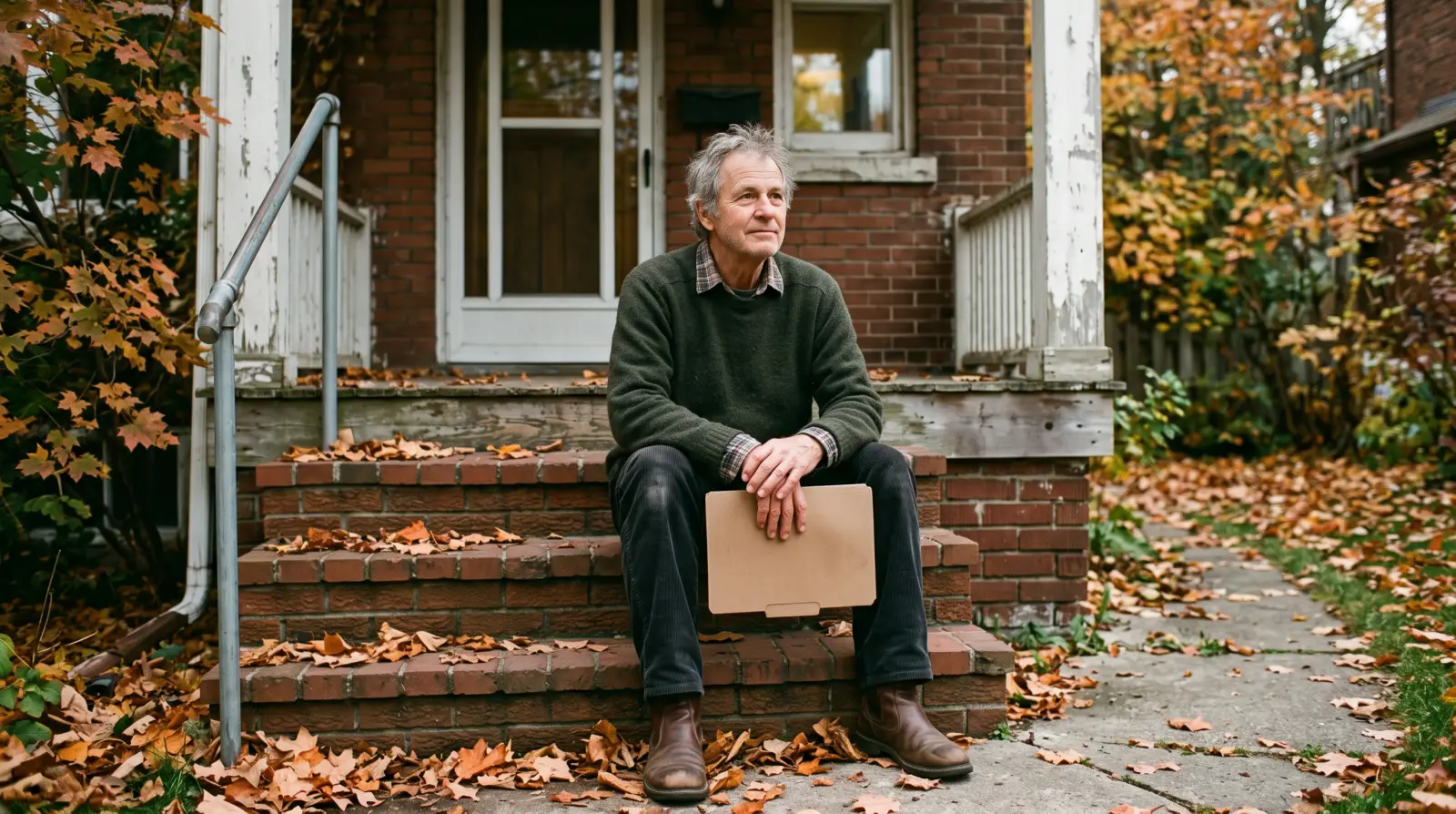 A man in his late fifties sitting on porch steps in autumn with a folder on his knees.
