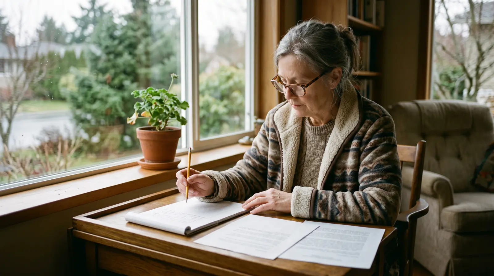 A woman in her early seventies with reading glasses making notes at a desk beside two plain printed pages.