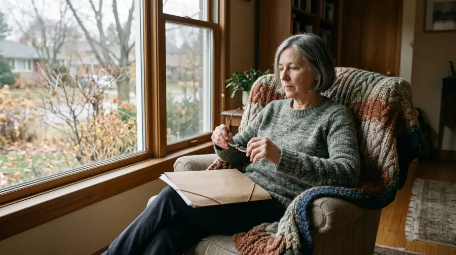 A woman in her early sixties in an armchair by a window with a closed folder on her lap.