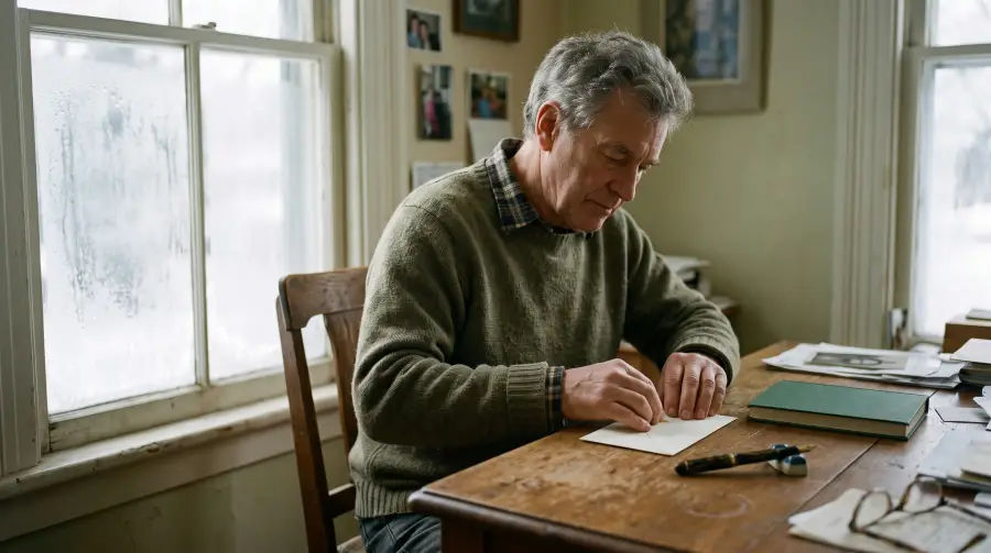 A man in his early seventies sealing a plain envelope at a desk by a frosted window.