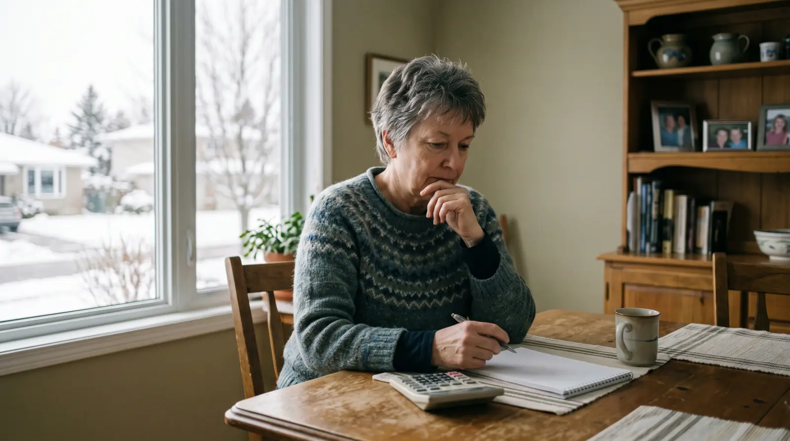 A woman about sixty-five at a dining table with a calculator and a notepad.