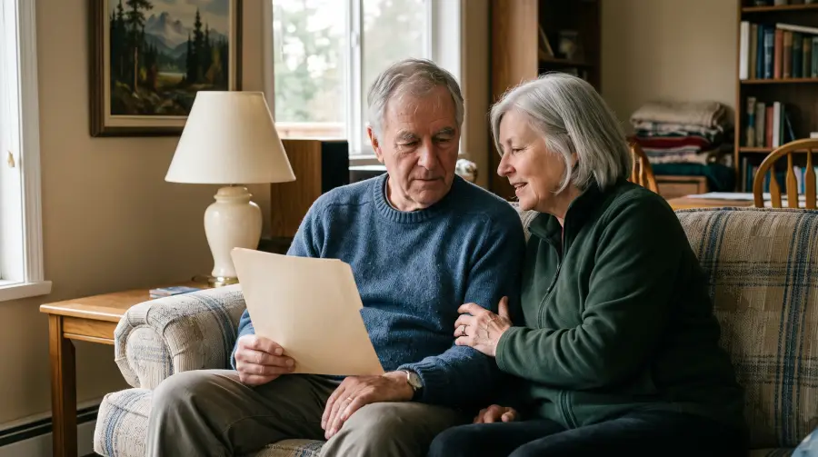 A couple in their late sixties talking on a living-room sofa, one holding a paper folder.
