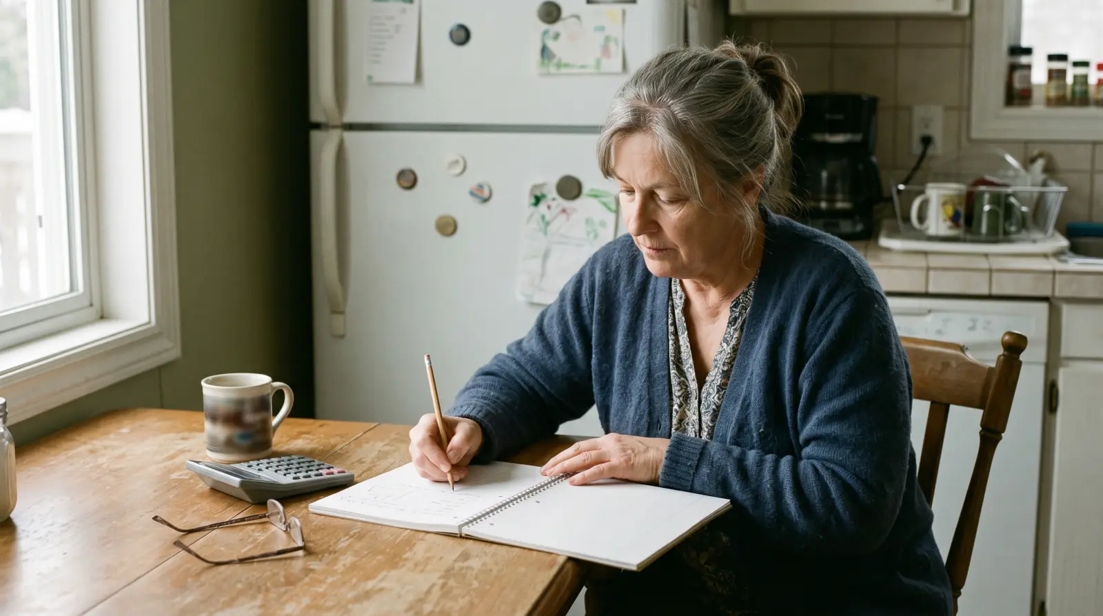 A woman in her late sixties writing in a notebook at a kitchen table beside a calculator.