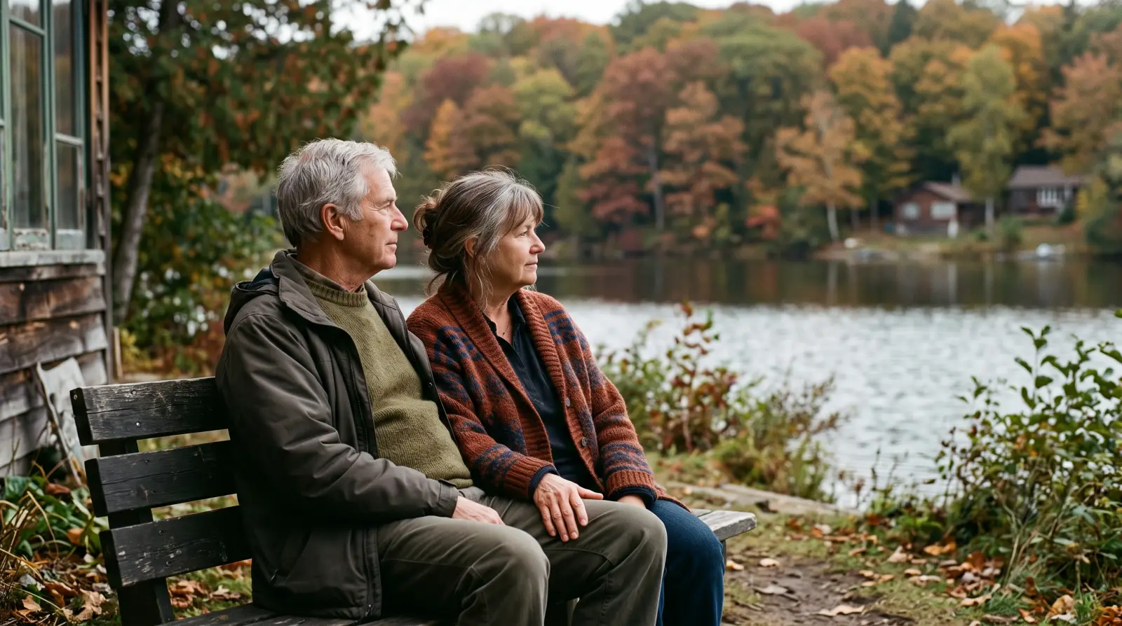 An older couple sitting close together on a bench beside a lake in early autumn.