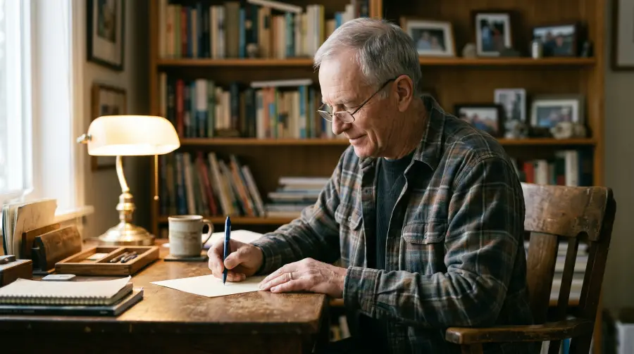 A man in his late sixties filling in a plain paper form at a wooden desk.